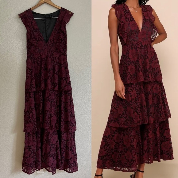 NWOT Lulus Molinetto Burgundy Lace Ruffled Tiered Sleeveless Maxi Dress - Picture 1 of 6